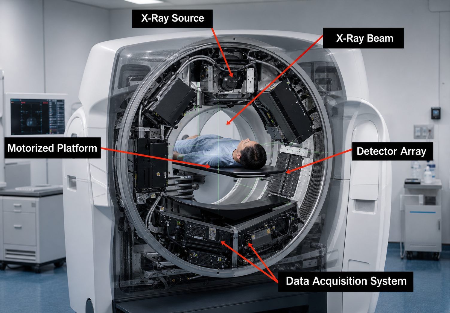 CT scanner with cover removed showing internal gantry components