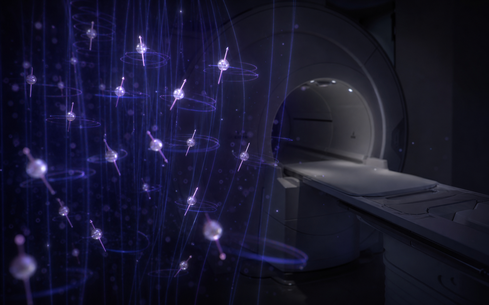 Generated photorealistic educational view of proton dipoles aligning inside an MRI magnetic field