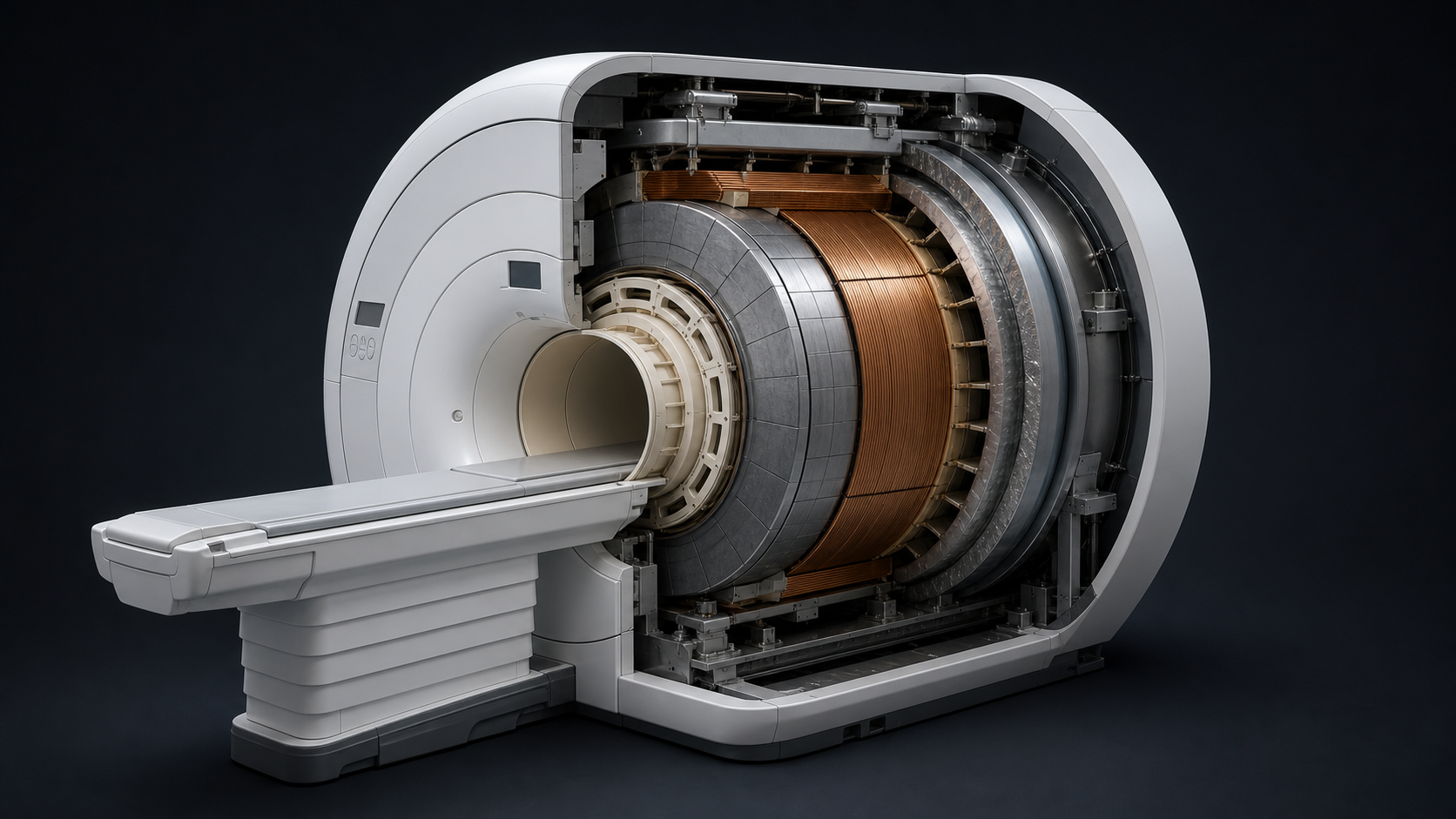 Photorealistic cutaway of a closed-bore MRI scanner showing nested internal hardware layers and patient table