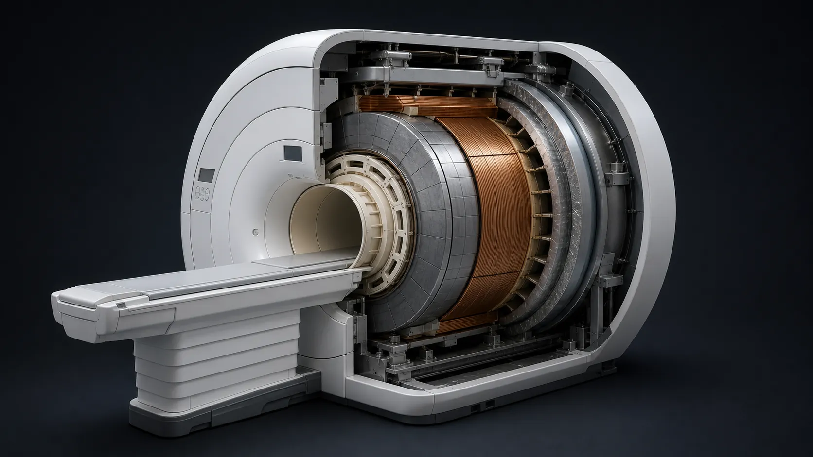 Photorealistic cutaway of a closed-bore MRI scanner showing nested internal hardware layers and patient table
