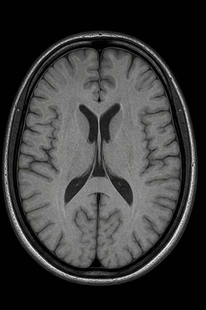 Generated axial proton-density brain MRI scan with balanced tissue contrast