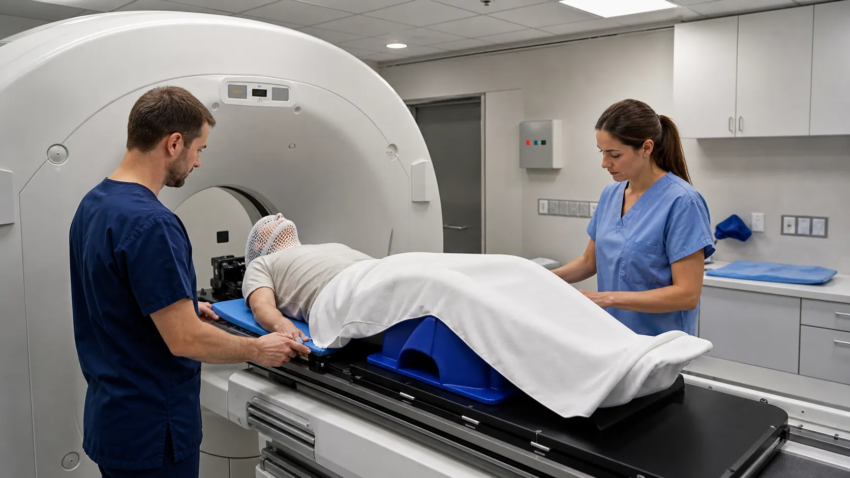 Photorealistic CT simulation setup with patient immobilization in a radiation oncology CT room.