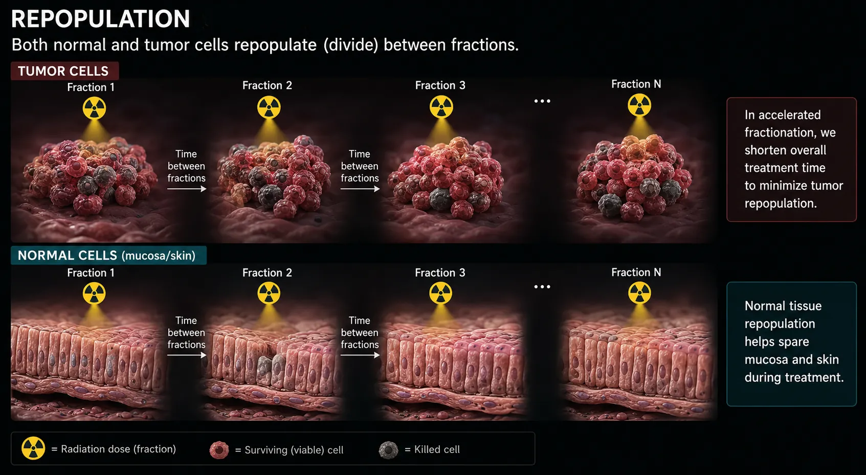 Repopulation radiobiology infographic showing tumor cells and normal mucosa or skin cells dividing between radiation fractions