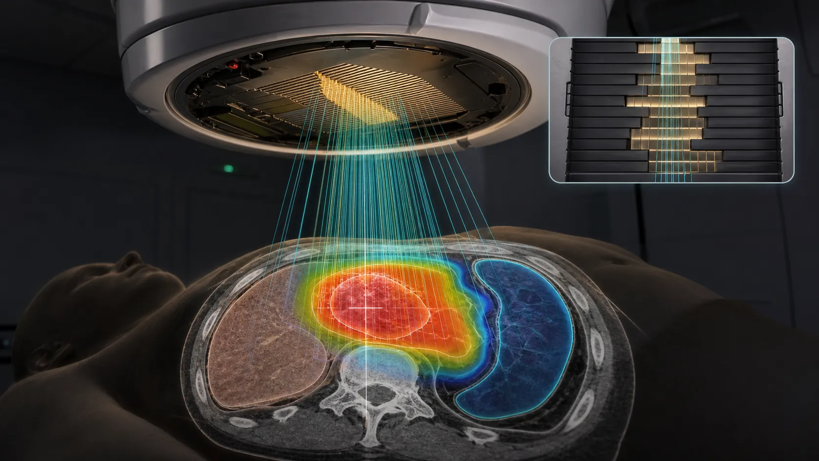 Photorealistic IMRT infographic showing MLC leaf modulation and varied beamlet intensity shaping dose around organs at risk.