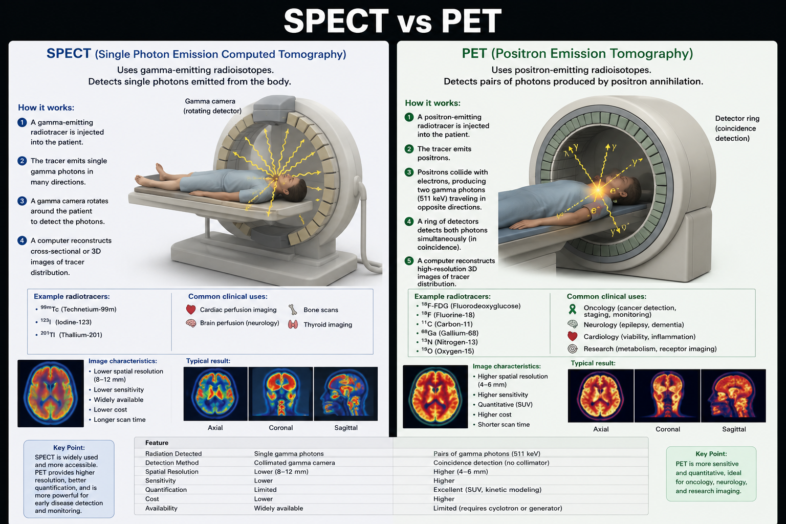 SPECT versus PET infographic comparing single gamma photon detection with positron annihilation coincidence detection, clinical uses, image characteristics, and typical scan results