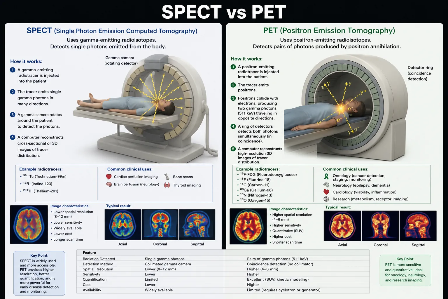 SPECT versus PET infographic comparing single gamma photon detection with positron annihilation coincidence detection, clinical uses, image characteristics, and typical scan results