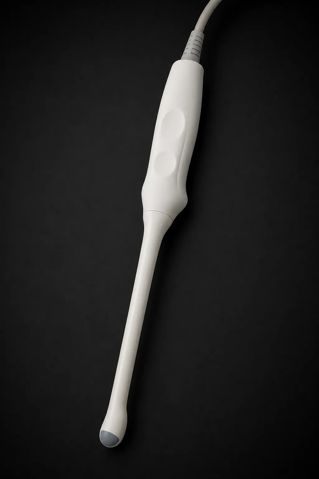 Photorealistic endocavitary ultrasound transducer with a long narrow shaft and rounded tip.