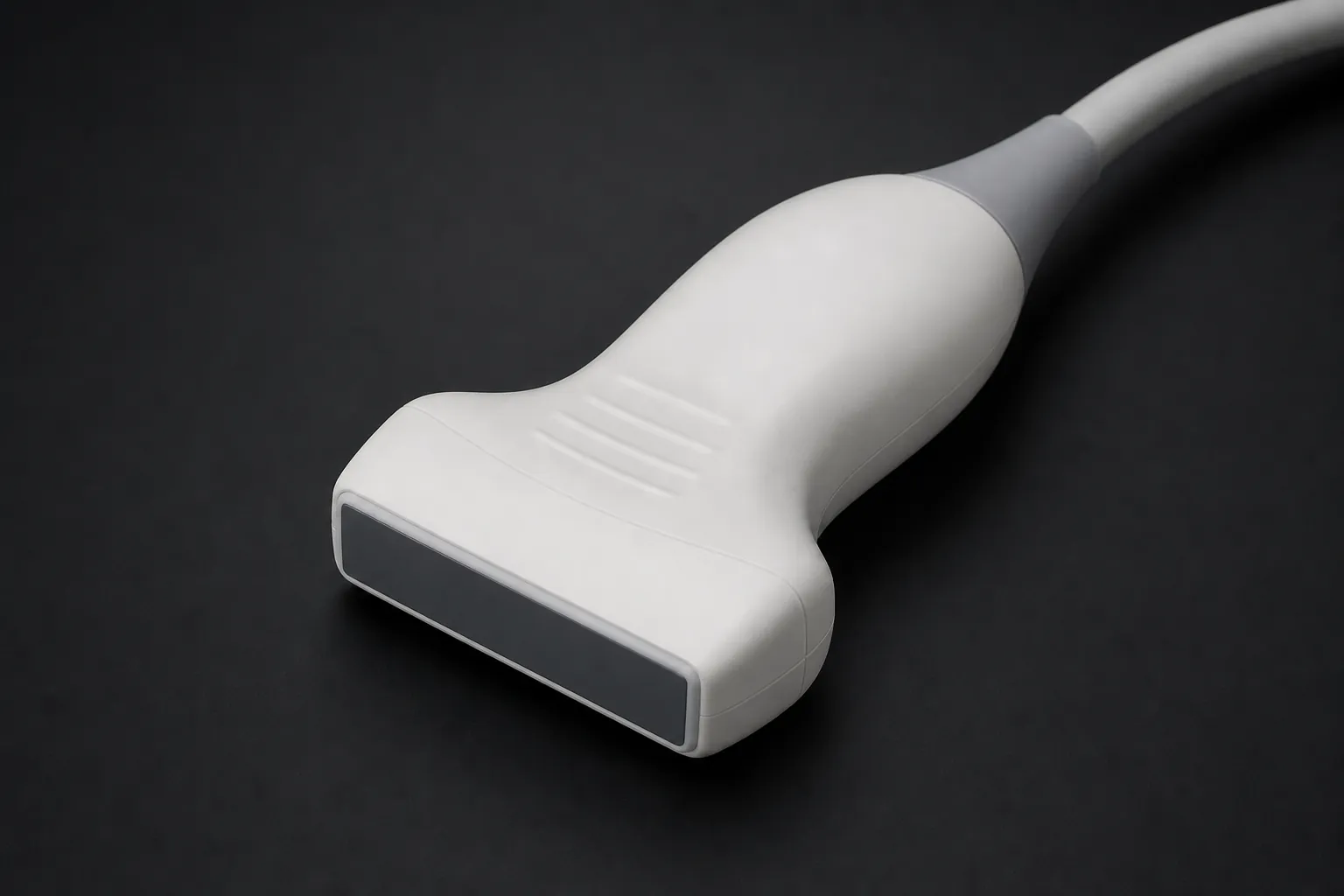 Photorealistic linear array ultrasound transducer with a flat rectangular scan head.