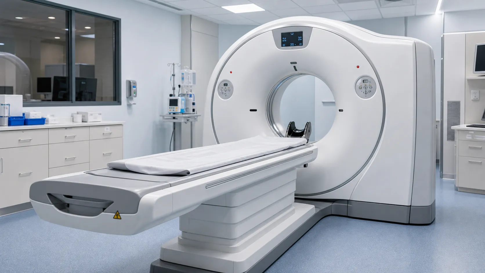 Modern CT scanner with patient table in a hospital imaging suite