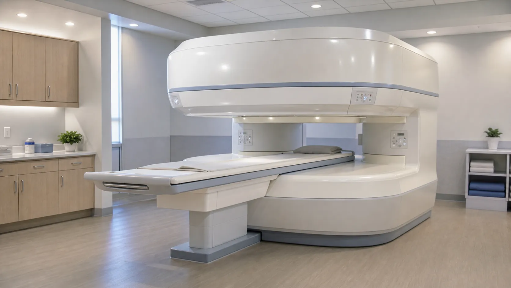 Open hamburger-style MRI scanner with patient table between two horizontal magnet plates