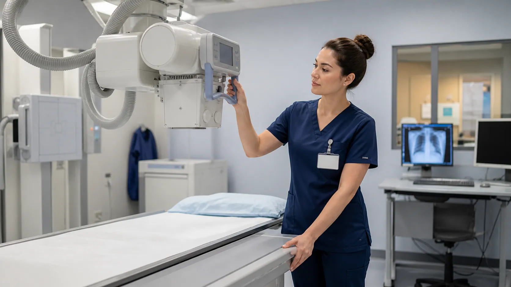 Radiologic technologist in a Philippine hospital setting preparing X-ray equipment
